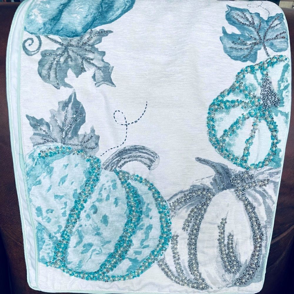 Fall Luxury Beaded Blue Gray Pumpkin Table Runner